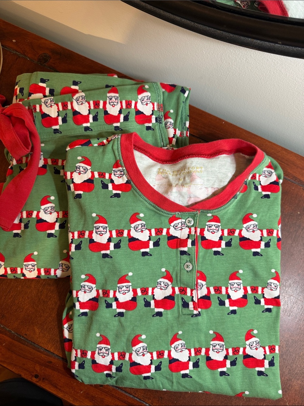 The Beaufort Bonnet Company Green Santa Print Pajama Set with Red Trim